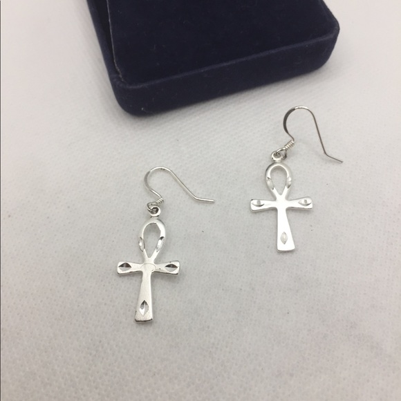 STERLING SILVER EGYPTIAN CROSS EARRINGS - Picture 6 of 8